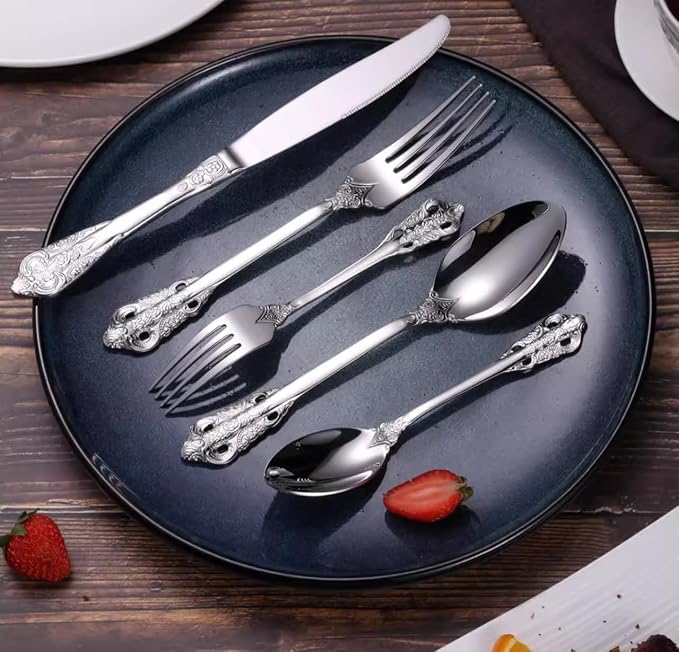 30-Pcs Luxury Silverware Set, Royal Flatware Set, Modern 304 Stainless Steel Flatware, Cutlery, Tableware (Silver, 30)