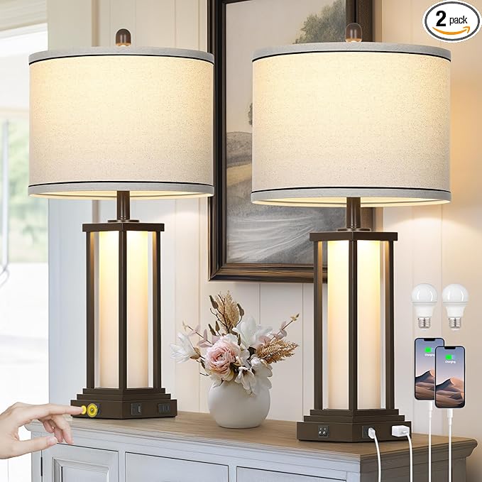 27" Tall Vintage Table Lamps with USB C+A & Outlet,Brown End Table Lamp Set of 2 for Living Room,Rustic Bedside Lamps with Frosted Glass Night Light for Bedroom Nightstand,Oil-Rubbed Bronze