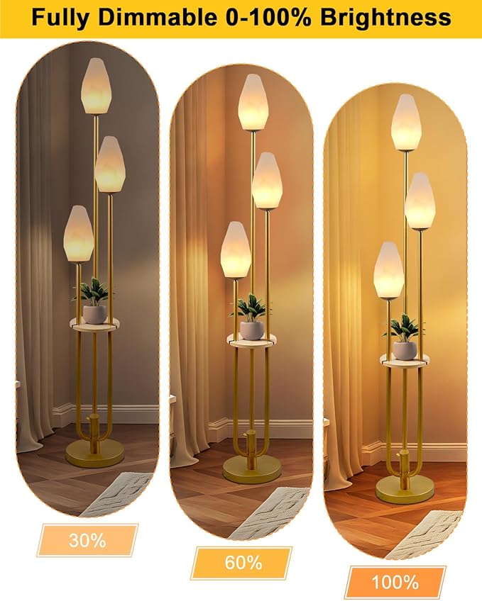 Lightdot Gold Floor Lamp with Tray, 3-Lights Dimmable Floor Lamps with Rock-Shaped Shade, Unique Candle Holder Style Modern Tall Lamp for Living Room/Party(Bulbs Included)