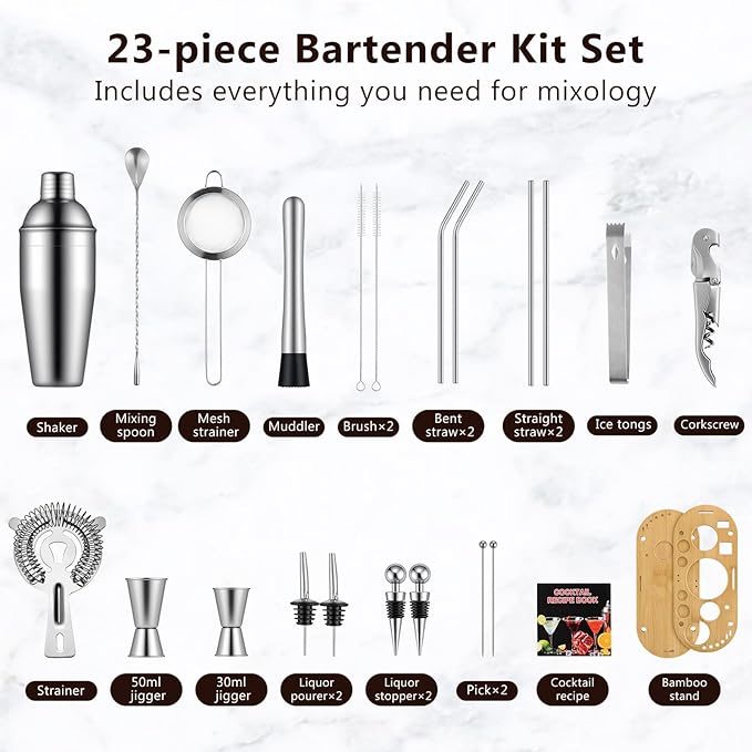Bartender Kit, 23 Piece Professional Cocktail Shaker Set with Stand Shaker Spoon Jiggers Cocksrew, All Essential Bar Tools Accessories for Home Bar Mixology Drink Mixing, Gift, Stainless Steel