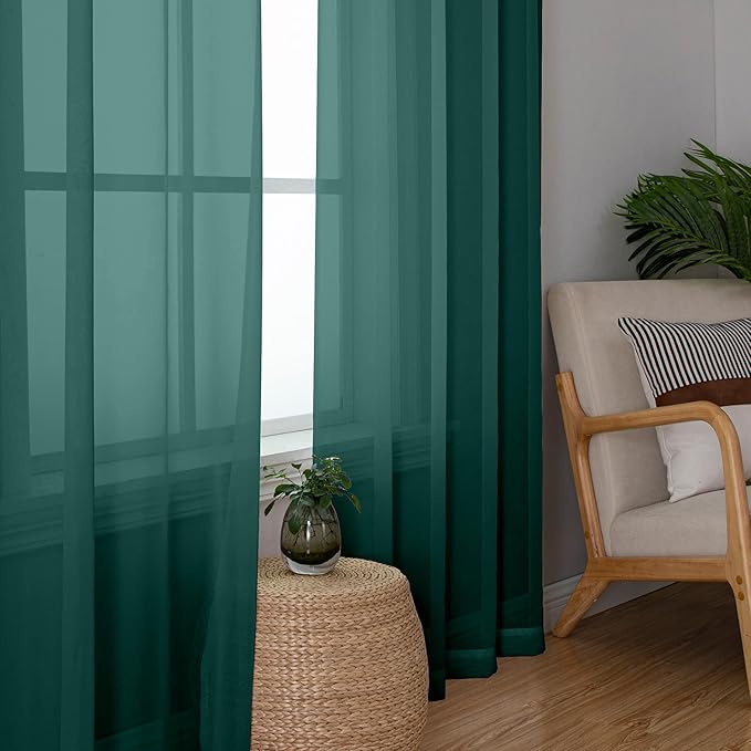 Aiyufeng Hunter Green Sheer Curtain Drapes 63 Inch Length 2 Panels for Living Room, Light Filtering Voile Green Drapes for Bedroom, Patio, Sliding Door, Each 40" W x 63" L