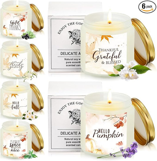 MTLEE 6 Pcs Thanksgiving Candle Jar Employee Appreciation Gifts Maple Leaf Pumpkin Candle Sea Salt Sage Scented Soy Wax Jar Thank You Gift for Halloween Coworker Teacher Home Decor(Fresh)