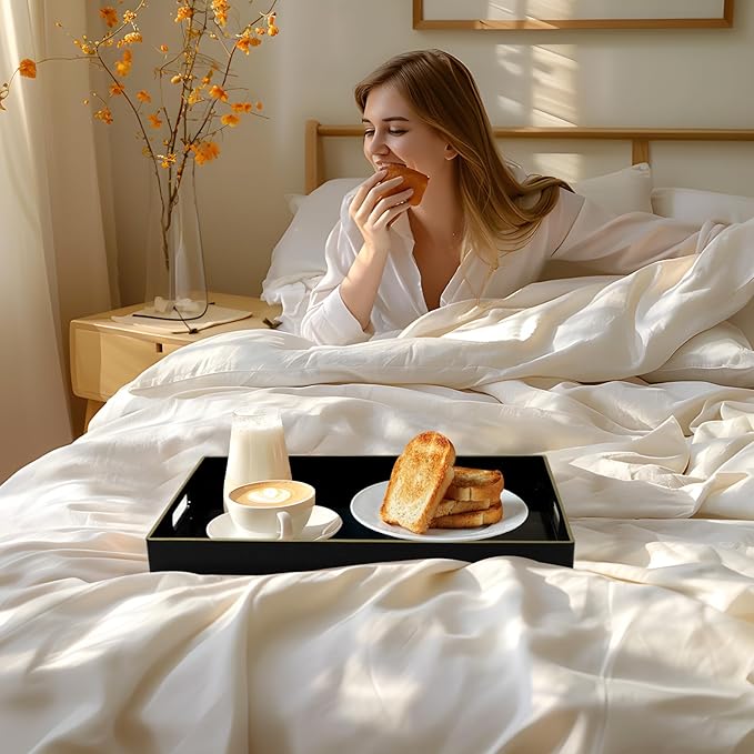 MAONAME Black Decorative Tray for Coffee Table, Modern Serving Tray with Handles, Plastic Rectangular Tea Tray for Ottoman, Bathroom Decor, 15.8” X 10.2” x1.4