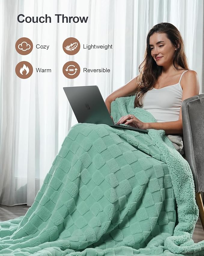 Pawque Super Soft Cozy Throw Blanket for Couch Bed - Fluffy Sherpa Fleece Reversible Thick Warm Fuzzy Blanket for All-Season, 3D Checkered Jacquard Elegant Decorative Blankets, Sage Green, 50" x 60"