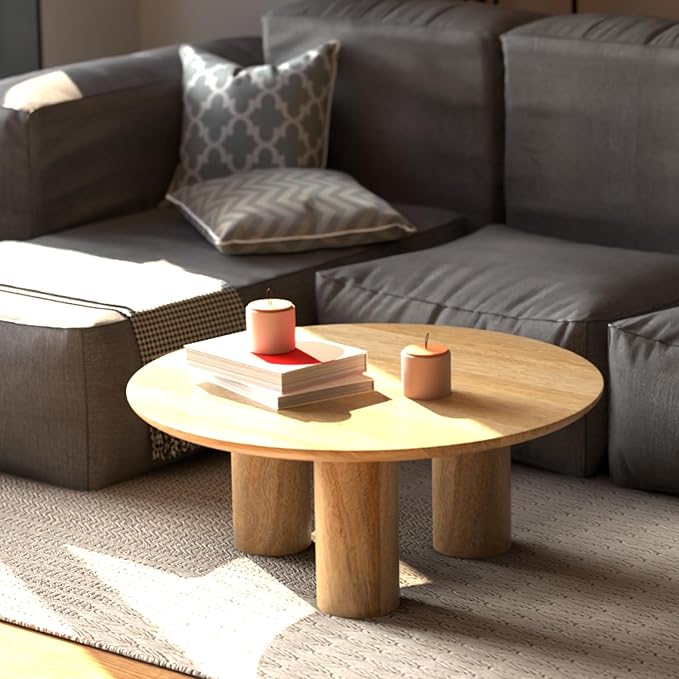 Relso Gaia Round Coffee Table, Natural Mango Wood Coffee Table with Wood Grain and Sturdy Finish | Perfect for Living Room and Farm House - Sturdy, Durable, Ideal for Patio Decor (Natural, 14 inch)