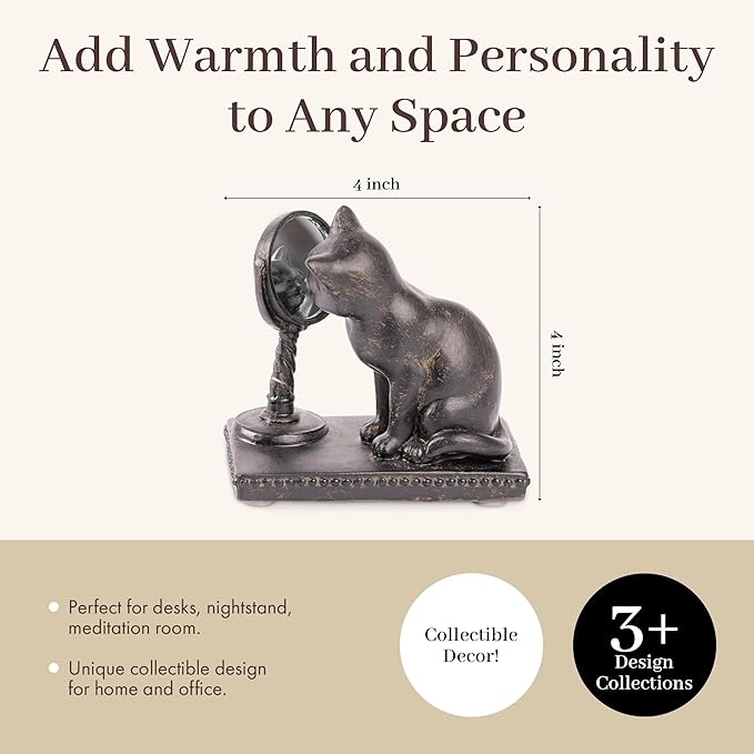 Young's Inc. Cat Figurine - Cute Cat Statue - Whimsical Cat Decor for Cat Lovers - Cat Collectibles and Meditation Decor - Cat with Mirror - 4'' L X 2'' W X 4'' H