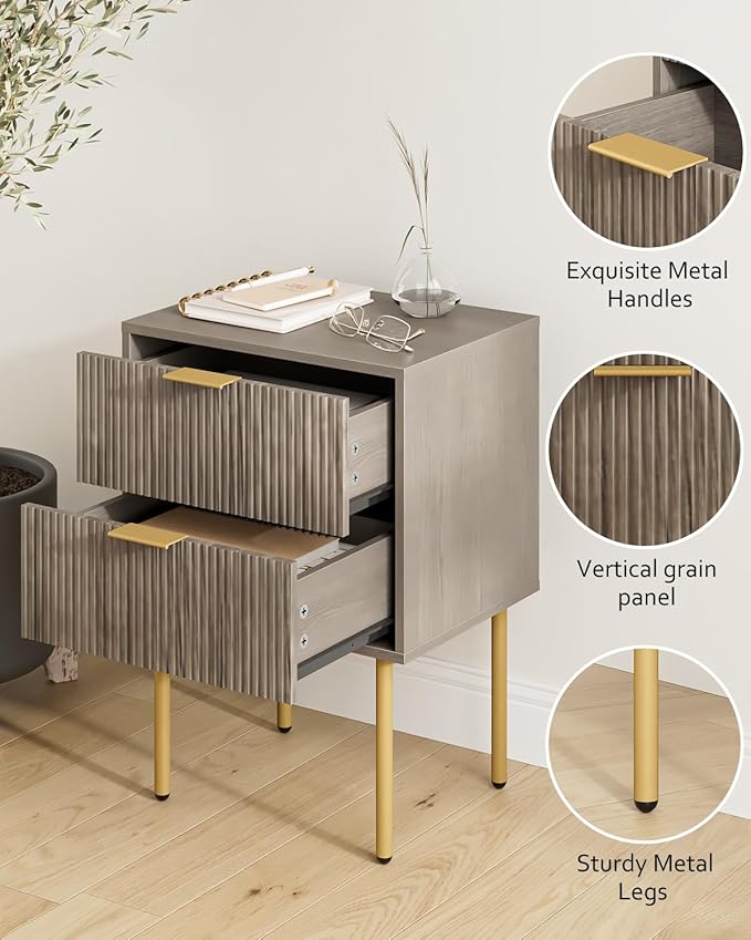 Masupu Night Stand,Mid-Century Modern Bedside Table with 2 Storage Drawer,Small Gold Frame Side End Table for Bedroom,Living Room, Grey