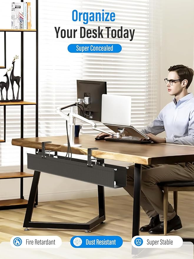 [Upgraded] 28.4" Under Desk Cable Management Tray, Orapoke Cable Management Under Desk No Drill, Large Fabric Cord Hider for Wire Organization, Cord Organizer Supports Up to 30lbs for Office, Home
