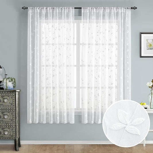 HOMEIDEAS White Sheer Curtains 52 X 63 Inches Length 2 Panels Embroidered Vine Floral Pattern Pocket Faux Linen Semi Sheer Voile Window Drapes for Bedroom Living Room
