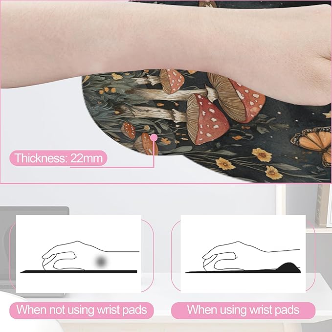 Mushroom Flower Butterfly Magic Mouse Pad with Wrist Rest and Keyboard Wrist Rest Set, Non-Slip Rubber Base Memory Foam Mouse Pad Set for Women, Office Desk Accessories, Gaming