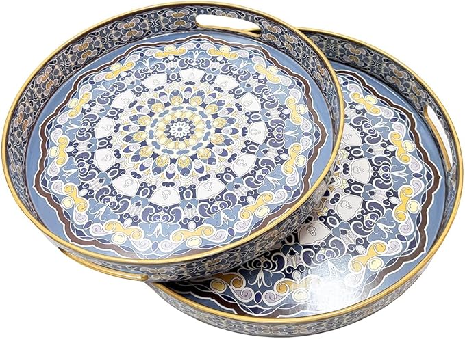 Round Decorative Trays Set of 2, Modern Plastic Serving Tray with Handles for Living Room, Coffee Table, Kitchen, Ottoman, Boho Blue, Large 13", Small 11.8"