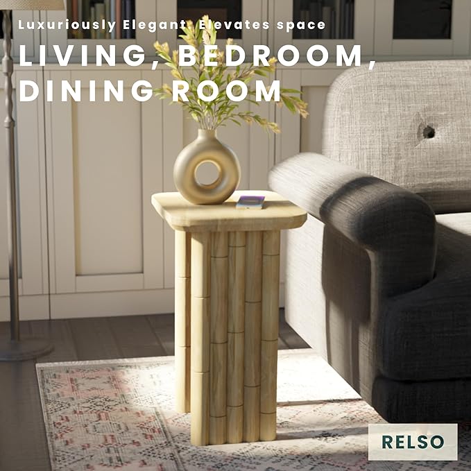 Bambos End Table | Sold Mango Wood Bedside Table, Natural Finish Side Table for Living Room, Bedroom, Entryway | Handcrafted Nightstand, Easy Assembly, Bamboo Inspired Legs, Compact, Boho Accent Table