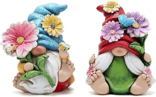 Hodao 2pcs 4" H Spring Summer Gnome Garden Decorations- Tomte Elf Fall Gnome Decorations Gifts -Swedish Elf Dwarf Figurine Table Gnome Decor Indoor Home Decorations (Gnome Color 1)