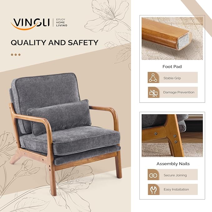 VINGLI Chenille Mid-Century Modern Accent Chair Set of 2, Cute Reading Arm Chair with Cushion & Lumbar Pillow & Solid Wood Frame for Lounge, Living Room, Reading Room, Bedroom, Dark-Gray