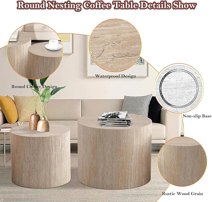 Stylish Nesting Coffee Table Set of 2, Elegant Chic Round Wooden Center Table - Smooth Finish & Easy to Clean, No Assemble Needed (E)