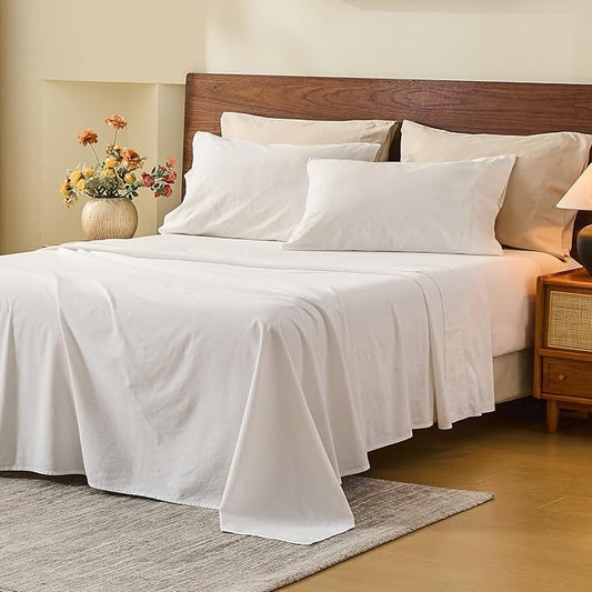 MEISHANG 100% French Pure Linen Sheets King Size - 6 PC Extra Deep Pocket Sheet Set, Soft Durable Flax Linen, Anti-Tear Breathable & Oeko-Tex Certified 18-24 Deep Pocket,All Season(White)
