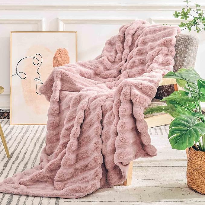 NEXHOME PRO Faux Fur Throw Blanket Pink, Luxury Soft Decorative Cozy Plush Long Shaggy Fluffy Blanket for Sofa Couch Bed Living Room, Reversible Puffy Thick Warm Blanket for Winter, 60"X80"