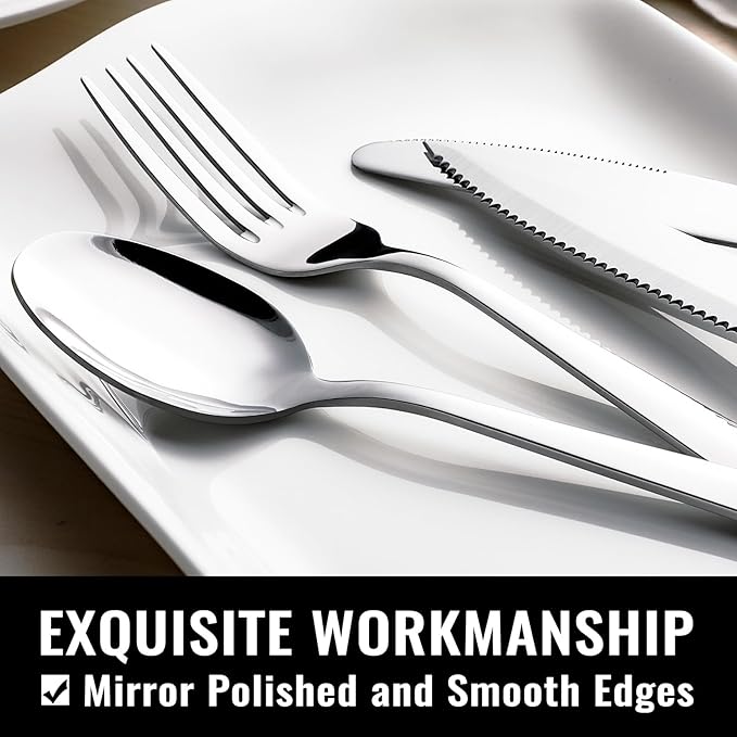 HIWARE 48-Piece Silverware Set with Steak Knives for 8, 18/8 Stainless Steel Flatware Cutlery Set For Home Kitchen Restaurant Hotel, Kitchen Utensils Set, Mirror Polished, Dishwasher Safe