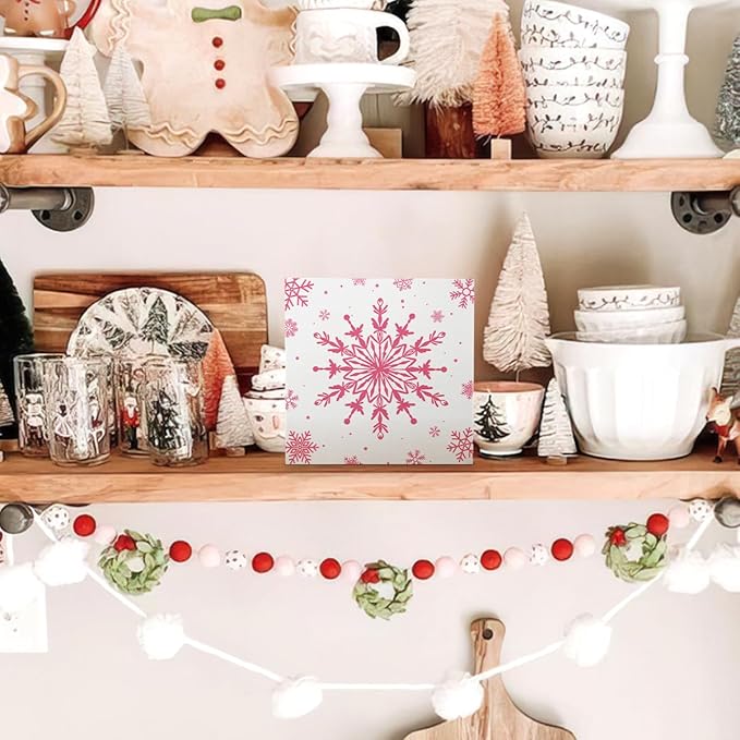 EIONEY Pink Snowflake Wood Box Sign,Christmas Decorations,Winter Christmas Desk Accessories Decor Wooden Block Signs,Seasonal Winter Holiday for Home Bedroom Living Room Office Decor,5x5 Inch