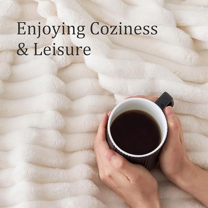 BEDELITE Blankets Queen Size for Bed, 300GSM Soft & Warm Fleece Blanket, Decorative and Giftable Striped Cream White Blankets for Women, Men, 90"x90"