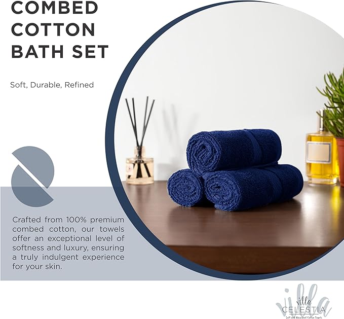 100% Cotton Bath Towel Set of 18-4 Bath Towels, 6 Hand Towels, 8 Wash Cloths, Sustainable, Soft, Highly Absorbent, Combed Cotton 18 Piece Set for Hotels, Spa, Bathroom, Dorm, Navy Blue