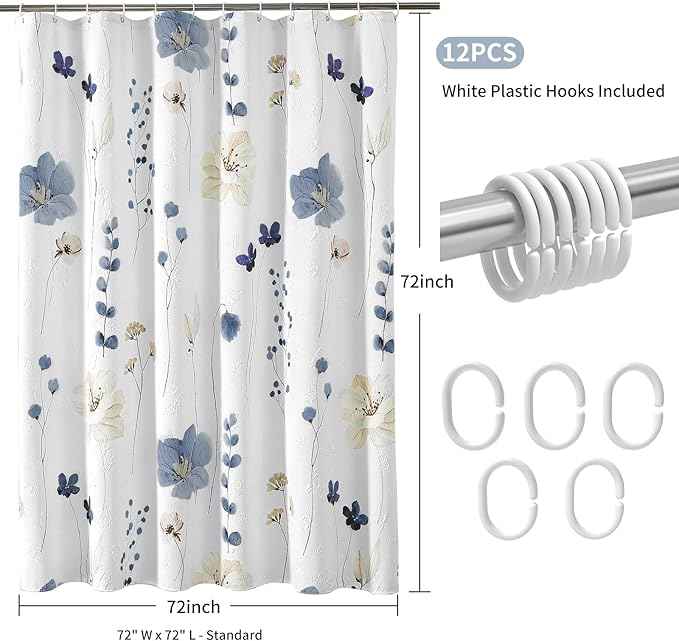 QiyI Watercolor Floral Shower Curtain, 3D Embossed Butterflies Grey Beige Flower Bathroom Curtains, Minimalist White Cloth Bath Curtain, Waterproof Fabric Textured Shower Curtain Set with Hooks, 72x72