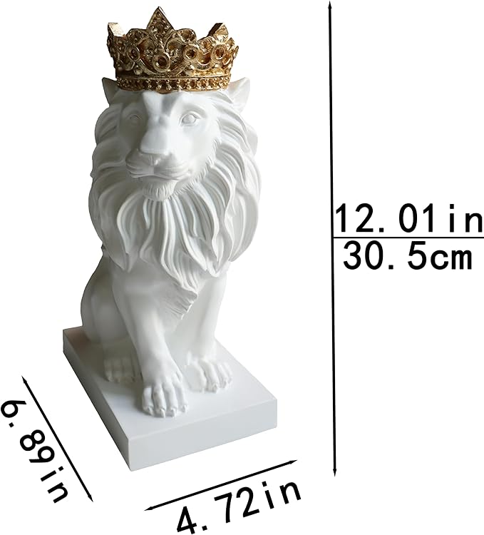 12" Crown Lion King Statue Decor, The King of Beasts - Statue Decoration for Home/Study/Living Room, Great Collectible Figurines, Best Gift for The Man,Iarge Size White Golden Color