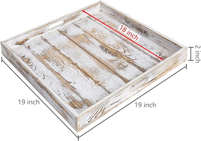 MyGift Whitewashed Wood Large Serving Tray with Handles, 19 Inch Square Decorative Tray for Ottoman, Breakfast, Tea, Coffee Table