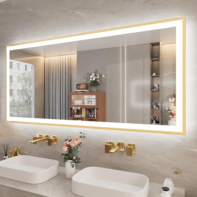72x32 LED Bthroom Mirror with Gold Metal Frame, Dimmable Lighted Mirror with Backlit and Front-lit,LED Vanity Mirror for Wall, Memory Function, Tempered Glass, Anti-Fog