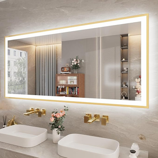 72x32 LED Bthroom Mirror with Gold Metal Frame, Dimmable Lighted Mirror with Backlit and Front-lit,LED Vanity Mirror for Wall, Memory Function, Tempered Glass, Anti-Fog
