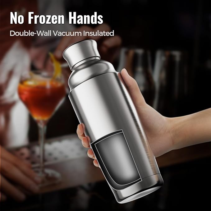 YARRAMATE 8Pcs 24oz Hybrid Vacuum Insulated Cocktail Shaker Set with Strainer, Premium Double Wall Stainless Steel Martini Shaker for Home Bar Bartending with Leakproof Seal, 25 Recipes | Gift Set