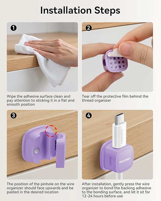 6 Pack Cable Management Cord Organizer, Magnetic Cable Clips-1s Lock, Rocoren Desk Adhesive Cord Cable Clip Wire Holder Keeper for Phone Charger Wire, Nightstand, Car, Office, Desktop Accessory,Purple