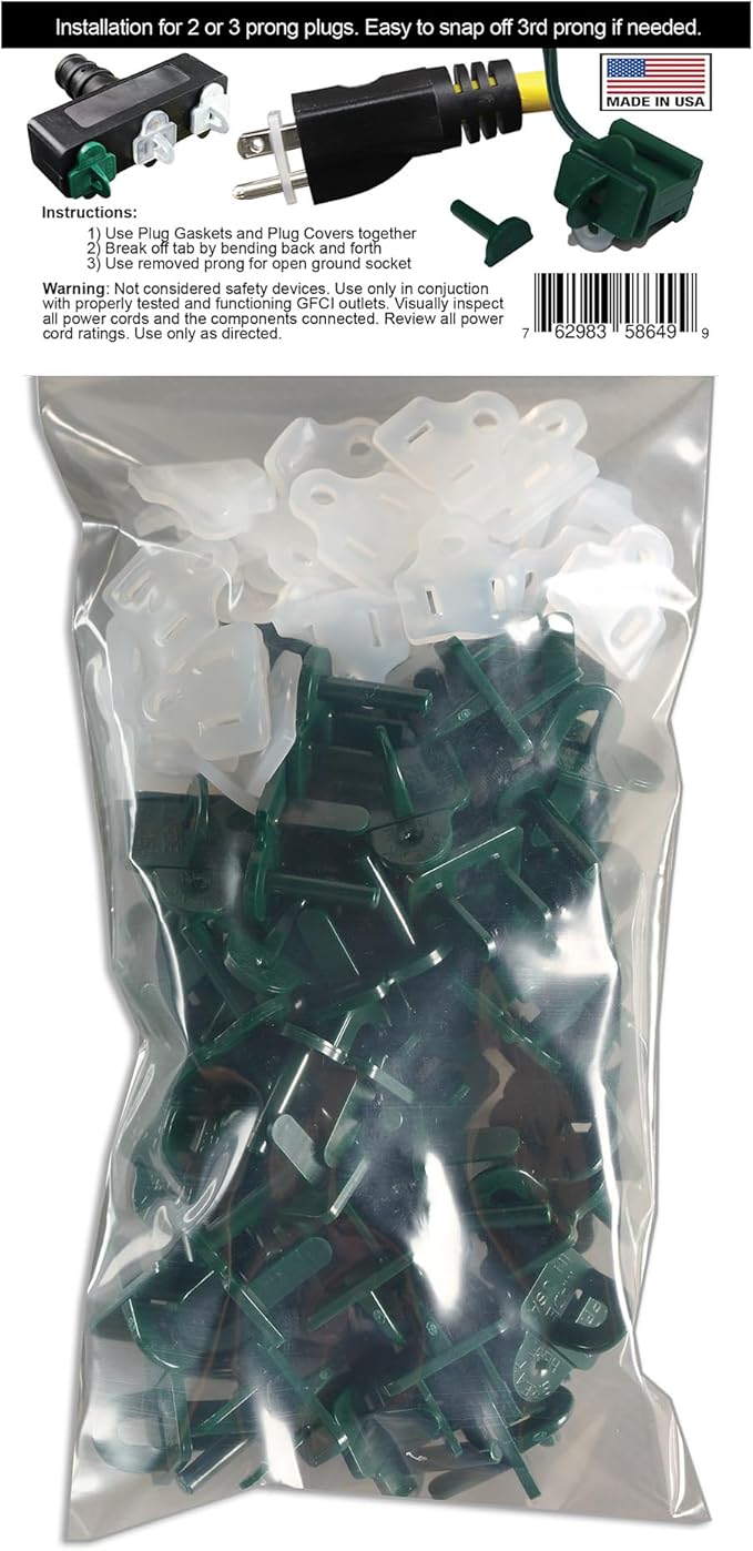 The Original Weatherproof Gaskets & Plug Covers - Made in USA, Outdoor Waterproof GFCI Protectors, Christmas Light Installation, Extension Cords, Stop GFCIs from Tripping (Green, Qty 50) - by APlugPro