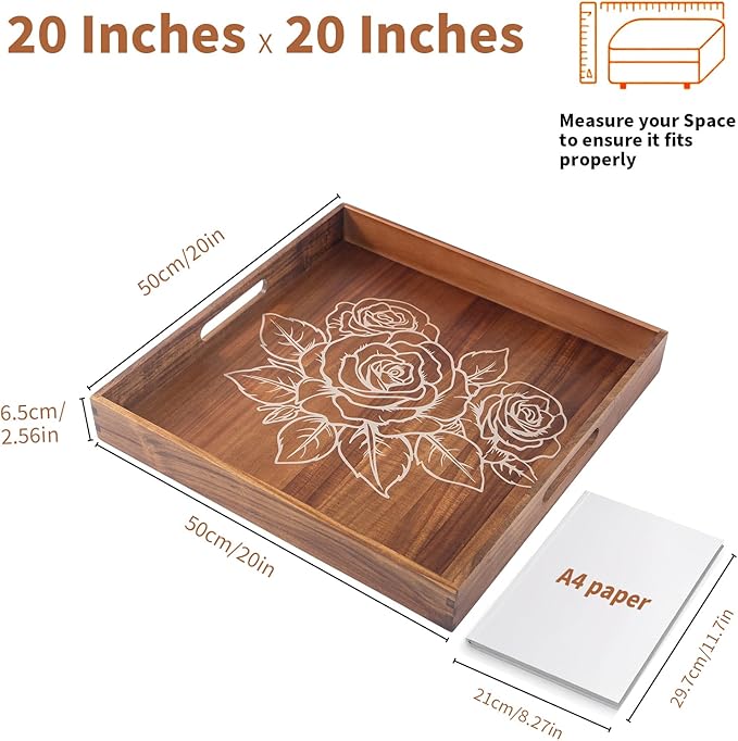 Ottoman Tray with Handles, 20 Inches Acacia Wood Serving Tray, Extra Large Tray for Ottoman Decorative Trays Serving for Living Room for Decorative, Coffee Table, Breakfast in Bed, Appetizers