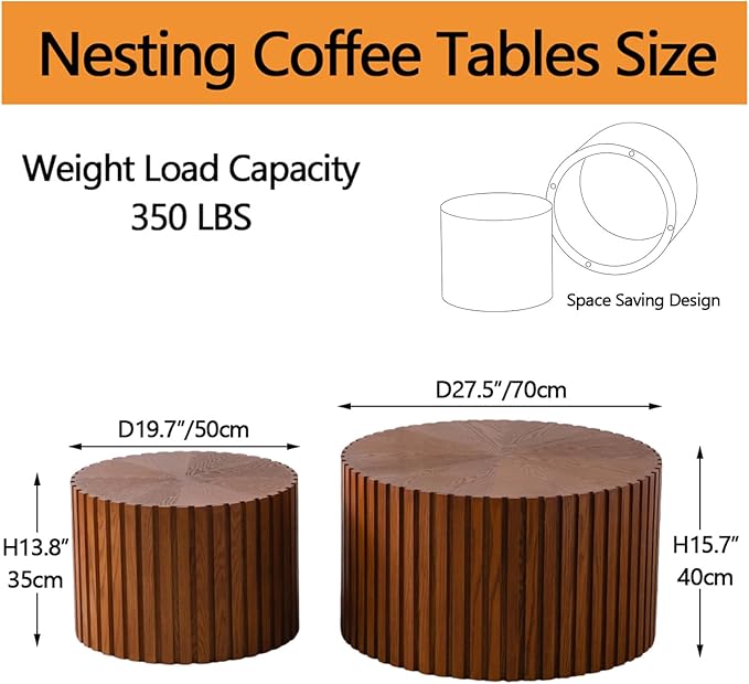 Nesting Coffee Tables Set of 2 Wooden Round Coffee Table Circle Nesting Table Space-Saving Design Modern Coffee Table Round Accent Tables Set for Living Room Bedroom Office (Brown B D27.5+D19.7“)