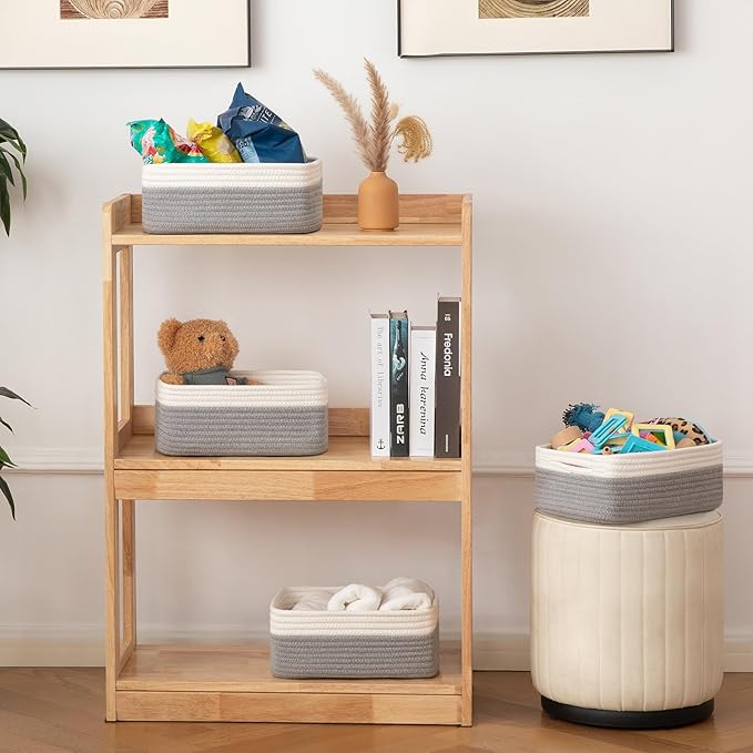 OIAHOMY 4 Pack Storage Baskets for Organizing, Small Bins for Shelves, Cute Decorative Storage Bins, Organizer Baskets for Gifts Empty,13''Lx8.7''Wx5.1''H, Grey/White