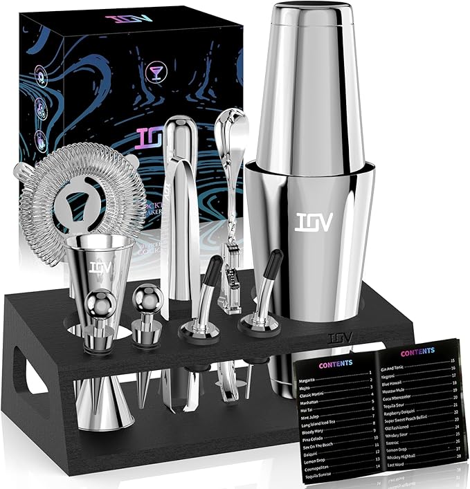 IOV Cocktail Shaker Set: 12-Piece Mixology Bartender Kit Bar Set | 18oz & 28oz Boston Shaker Drink Mixing Tools for Home with Recipe Booklet and Stand | Fun Housewarming Gift (Silver)