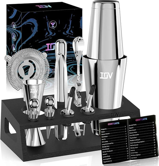 IOV Cocktail Shaker Set: 12-Piece Mixology Bartender Kit Bar Set | 18oz & 28oz Boston Shaker Drink Mixing Tools for Home with Recipe Booklet and Stand | Fun Housewarming Gift (Silver)
