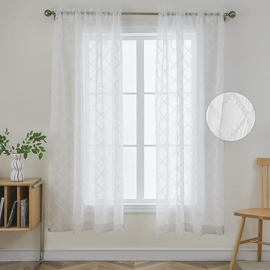 Joydeco White Sheer Curtains 63 Inch Length 2 Panels Set, Rod Pocket Semi Sheer Curtains for Bedroom Living Room, Window Treatments Voile Drapes (54x63 inch, Off White)