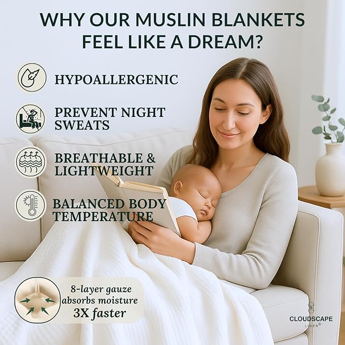 Cloud Scape Linen Extra Large 8-Layer Muslin Throw Blanket, 100% Cotton Gauze Blanket for Couch, Sofa, Bed, Lightweight, Suitable for All Season,50x70, White