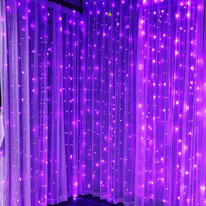 WATERGLIDE 300 LED Curtain Lights, Remote Control Christmas Hanging String Lights, 8 Lighting Mode, Plug in for Indoor Outdoor Halloween Holiday Party Garden Backdrop Wedding Home Decor, Purple
