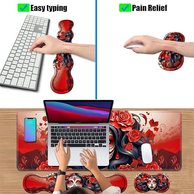 4 in 1 Ergonomic Keyboard Wrist Rest & Mouse Pad Wrist Rest Set, Large XXL Gaming Desk Mat 31.5"x 11.8" with Non-Slip Base, Memory Foam for Home Office Study Gaming, Sugar Skull Girl Roses