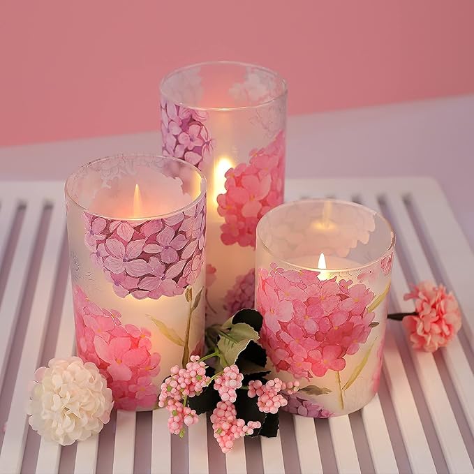 Flameless Candles Flicker LED Flame-Simulated, Pink Hydrangea Love Theme Realistic Glass Candles with Remote Timer, Lady's Gift Home Decor Bedroom Dinner Table Ornament 3" x 4" 5" 6"