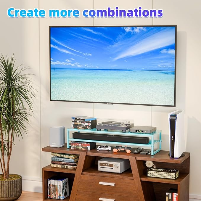 Simple Trending 2 Tier Metal Dual Monitor Stand Riser, Computer Office Desktop Organizer for 2 Monitors with 32"x10" Mouse Pad for Laptop, Printer, TV, Blue