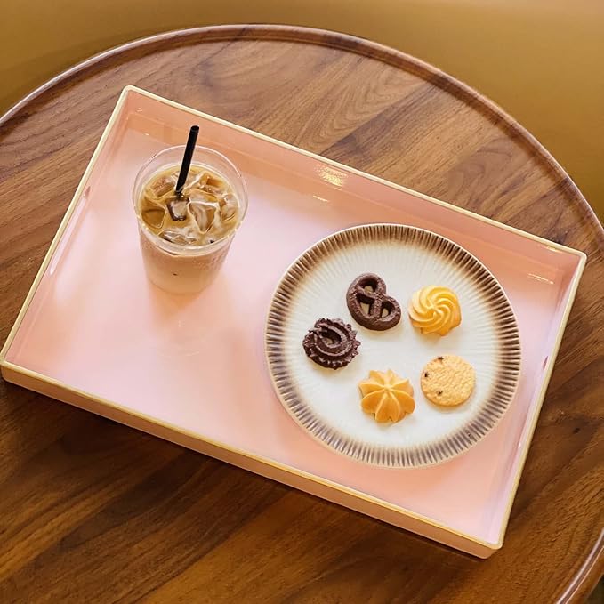 Zosenley Decorative Tray, Rectangular Plastic Tray with Handles, Modern Vanity Tray and Serving Tray for Bathroom, Kitchen, Ottoman and Coffee Table, 15.6” x 10.2” (Pink)