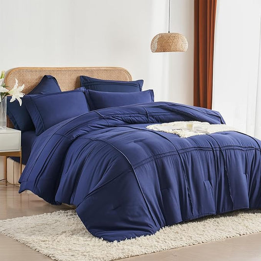 Yogeneg King Size Comforter Set 7 Piece Bed in a Bag,Grid Pinch Pleat Navy Blue Bedding Set,Striped Textured Soft Microfiber Comforter with Sheet Set,All Season Complete Bed Set(Navy Blue,King)