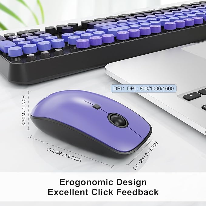 FD Wireless Keyboard and Mouse Combo | Cute Colorful Keyboard and Mouse with 2.4GHz Cordless Retro Typewriter Keyboard | Auto-Sleep | USB Receiver for Windows PC/Laptop - Black Purple Gradient