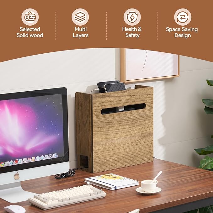 KIRIGEN WiFi Router Storage Box, Wooden Wireless Router Organizer Rack Shelf Power Cord Socket Storage Shelf Cable Management and Organizing Box for Office and Home Dark Brown LYQ-DBR