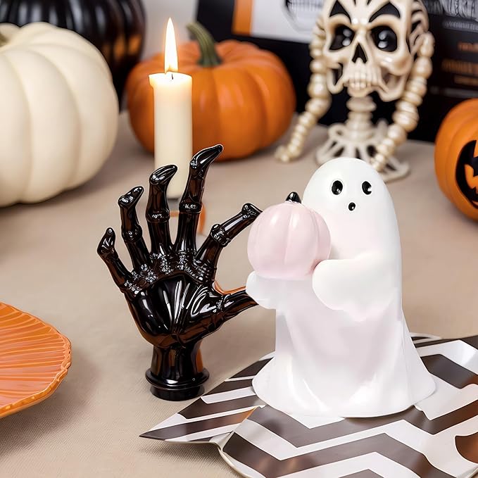Halloween Cute Ghost Figurine with Pink Pumpkin– Resin Mini Statue, Romantic Shelf & Desk Decor, Halloween or Valentine’s Day Gift for Home, Office, and Friends