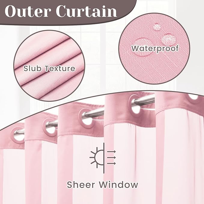 No Hook Slub Textured Shower Curtain with Snap in Liner - Pink Fabric Outer Curtain & Waterproof Inner Liner, Hotel Style with See Through Top Window, 71x74 in
